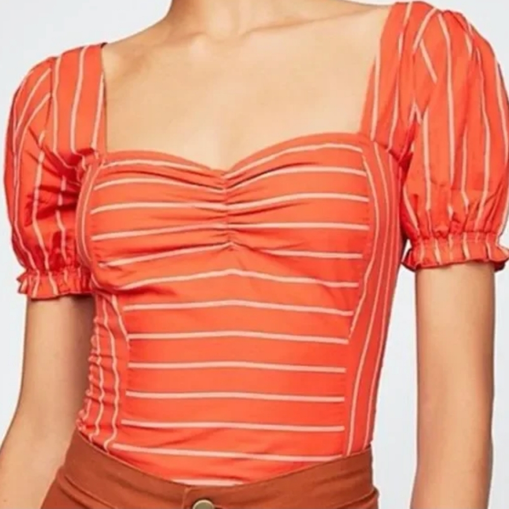 FREE PEOPLE Red Striped Short Sleeve Cropped Top